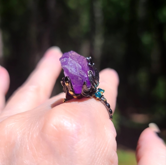 Dark Kharma by Avelon Jewelry - GORGEOUS raw amethyst &Topaz sterling ring sz8